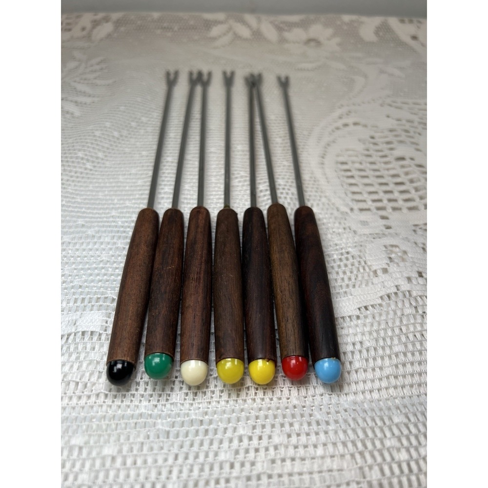 Fondue Forks Teak Wood Handles Stainless Steel 7 Pieces Made In Japan Vintage